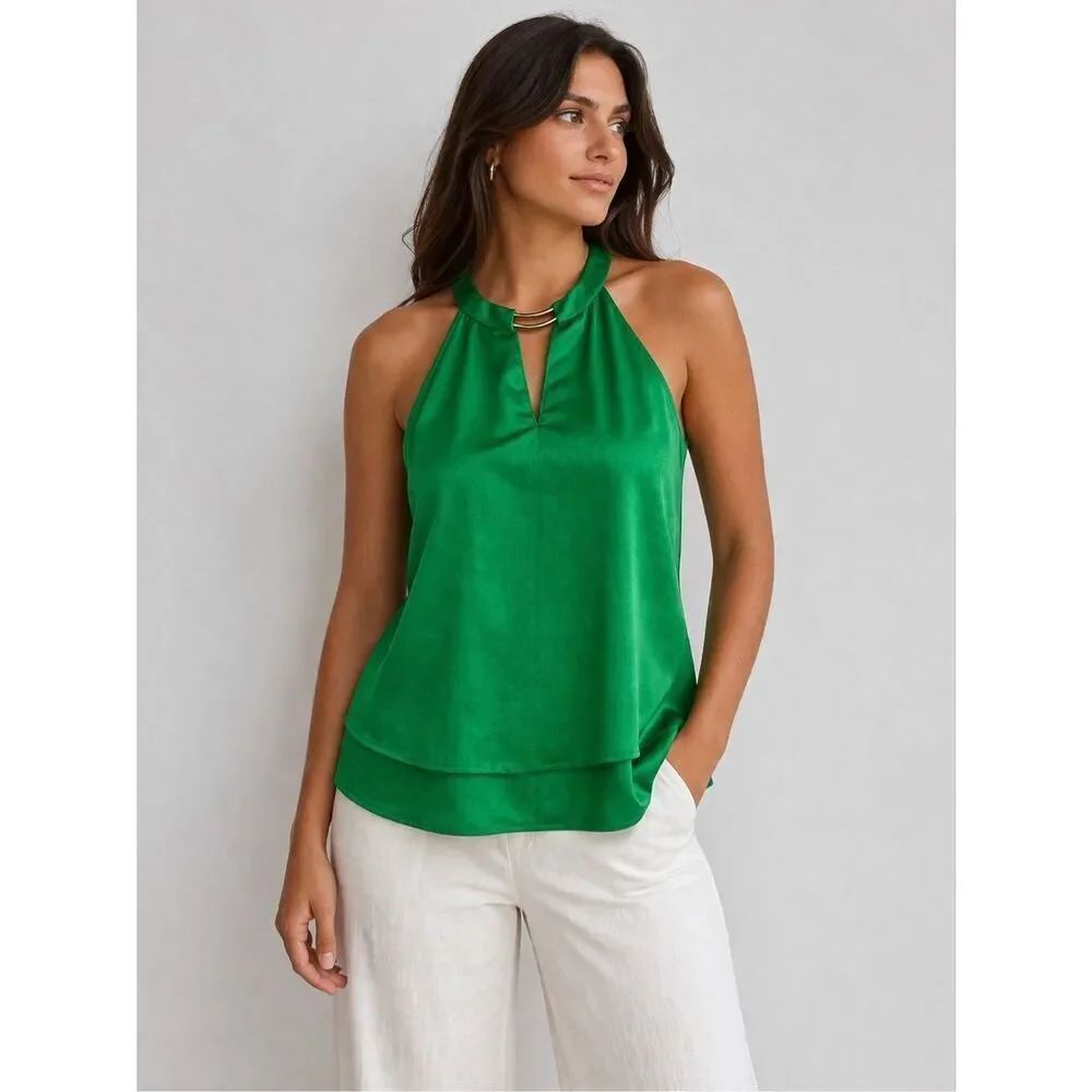 THE LIMITED Green Halter Blouse Sleeveless Keyhole Neck Metal Detail Size L Noes